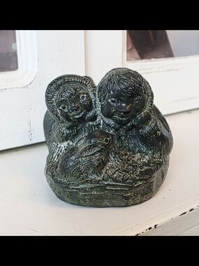 Vintage Inuit Soapstone Figurine of Kids And Bunny